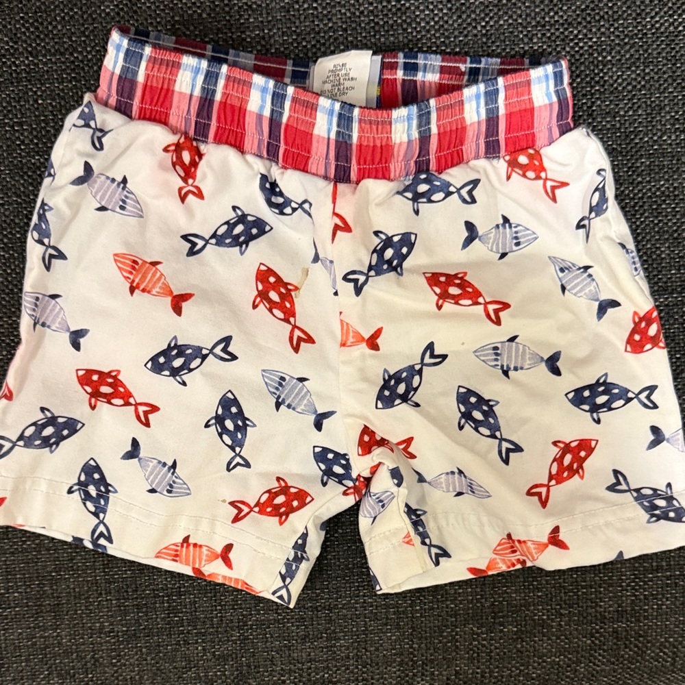 Florence Eiseman Red and Blue Fish Print Kids Swim Trunks
